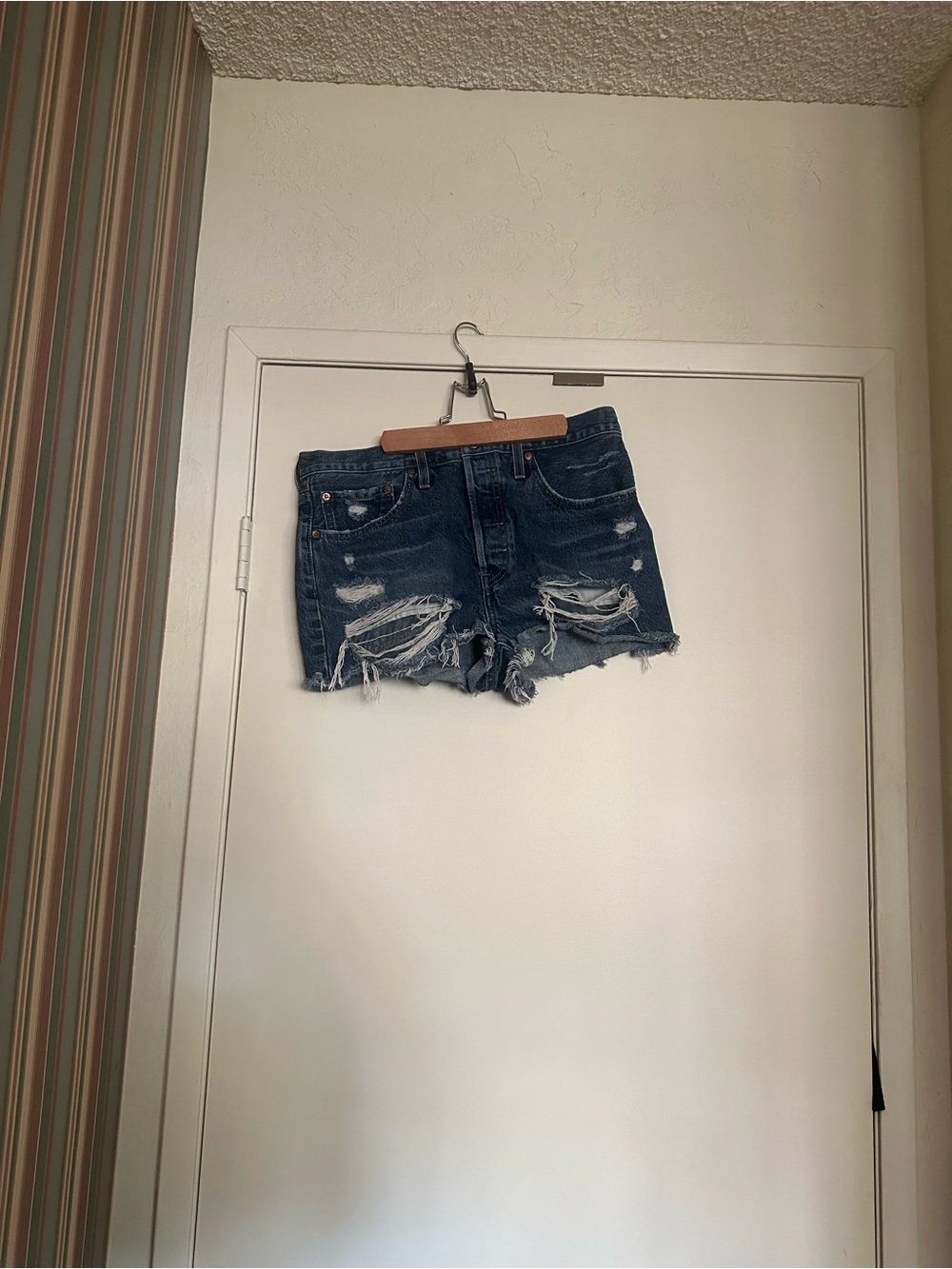 Levi's Dark Blue Distressed Denim Cutoff Shorts